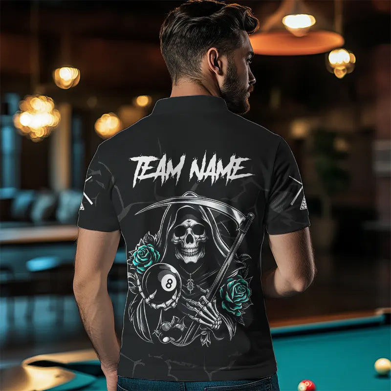 Personalized Funny Turquoise Skull Roses 8 Ball Billiard Shirts For Men Custom Pool Team Shirts TDM3728