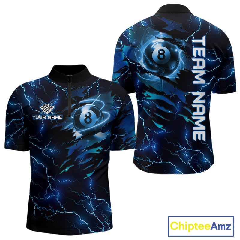Blue 8 Ball Pool Lighting Billiard Shirt For Men Custom Glowing Billiard Team Jersey Polo, 1/4 Zip TDM6332