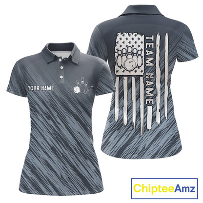Custom Grey Grunge American Flag Bowling Shirt For Women, Patriotic Bowling Jersey Polo & 1/4 Zip TDM6516