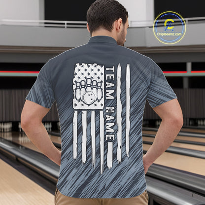 Custom Grey Grunge American Flag Bowling Shirt For Men, Patriotic Bowling Jersey Polo & 1/4 Zip TDM6516