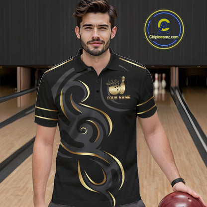 Man wearing a black and gold crown bowling ball polo shirt at a bowling alley front view.