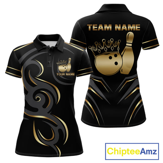Black and gold crown bowling ball polo shirt for women with tribal bowling team graphics.
