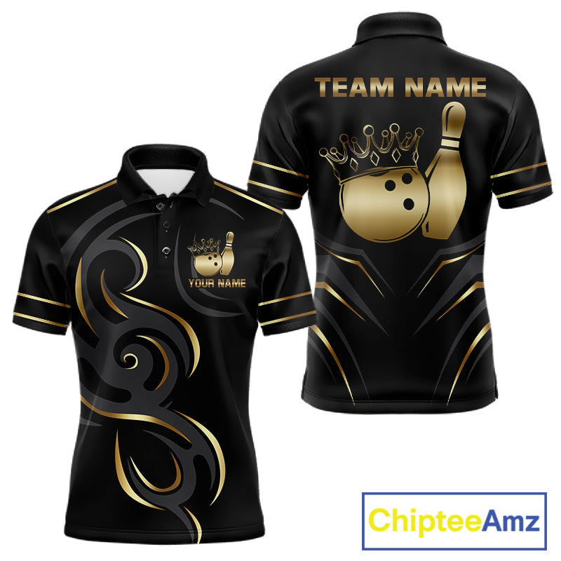 Black and gold crown bowling ball polo shirt for men with tribal bowling team graphics.