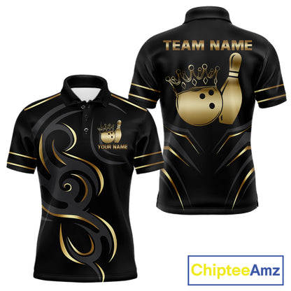 Black and gold crown bowling ball polo shirt for men with tribal bowling team graphics.
