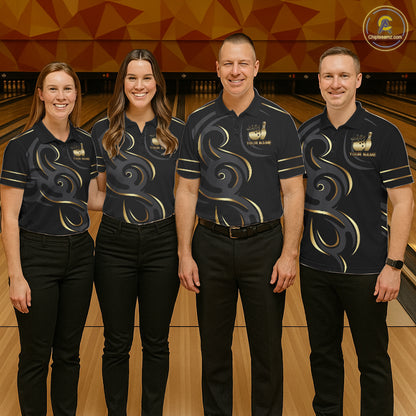 Bowling team wearing matching black and gold crown bowling ball jerseys during tournament matches front view.