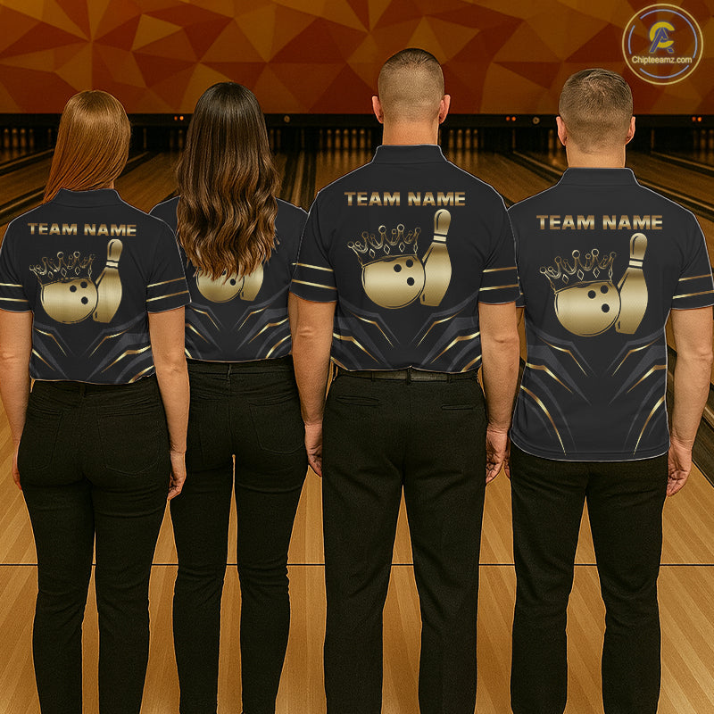 Back view of bowling team wearing matching tribal bowling shirts in a bowling alley.
