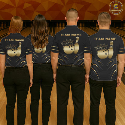 Back view of bowling team wearing matching tribal bowling shirts in a bowling alley.