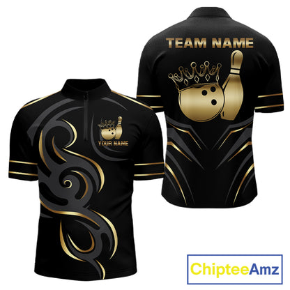 Black and gold crown bowling ball quarter zip shirt for men designed for league tournaments and team events.