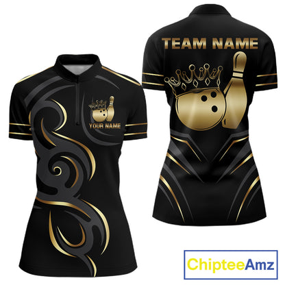 Black and gold crown bowling ball quarter zip shirt for women designed for league tournaments and team events.