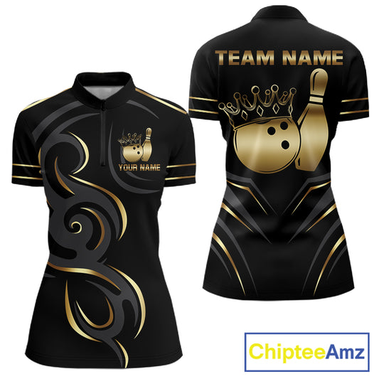 Black and gold crown bowling ball quarter zip shirt for women designed for league tournaments and team events.