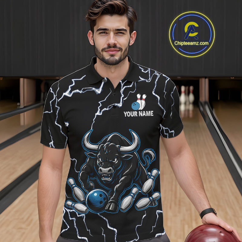 Man wearing a blue bull lightning bowling polo shirt at a bowling alley front view.
