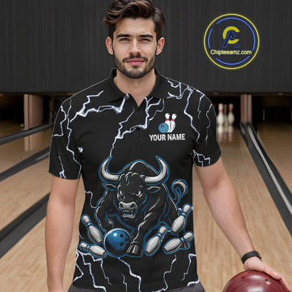 Man wearing a blue bull lightning bowling polo shirt at a bowling alley front view.