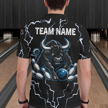 Back view of man wearing a blue bull lightning bowling polo shirt inside a bowling alley.