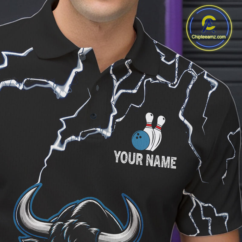 Close-up of a blue bull lightning bowling polo shirt collar, buttons, and bull artwork.