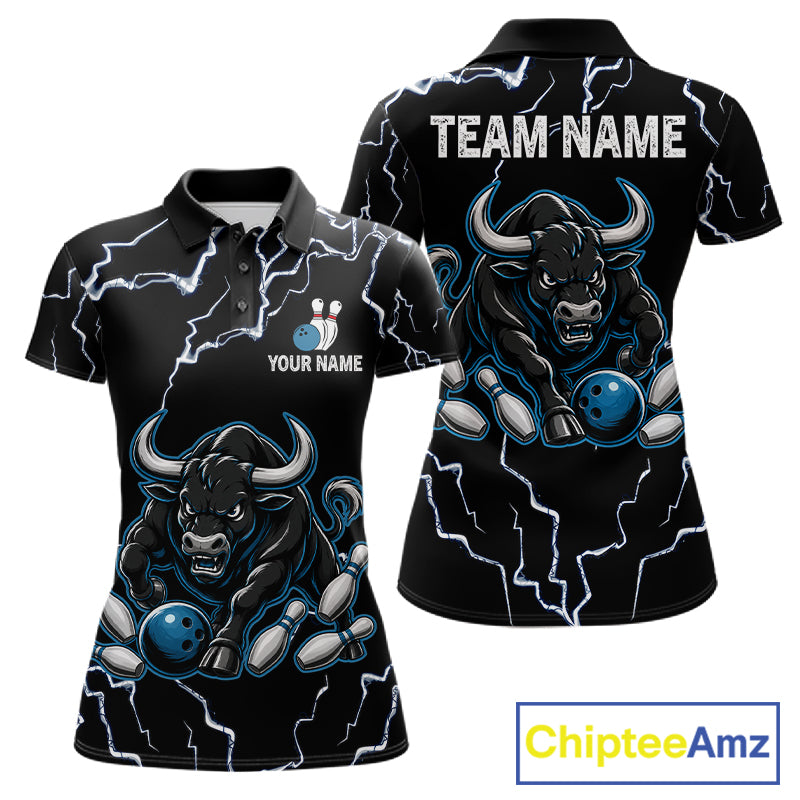 Blue bull lightning bowling polo shirt for women with custom bowling league graphics.