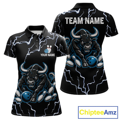 Blue bull lightning bowling polo shirt for women with custom bowling league graphics.