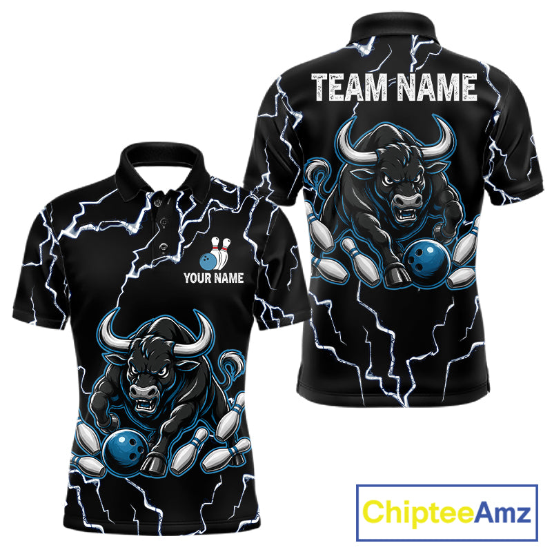 Blue bull lightning bowling polo shirt for men with custom bowling league graphics.