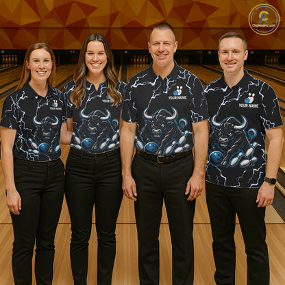 Bowling team wearing matching blue bull lightning bowling jerseys during league matches front view.