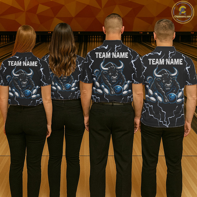 Back view of bowling team wearing matching blue bull bowling shirts in a bowling alley.