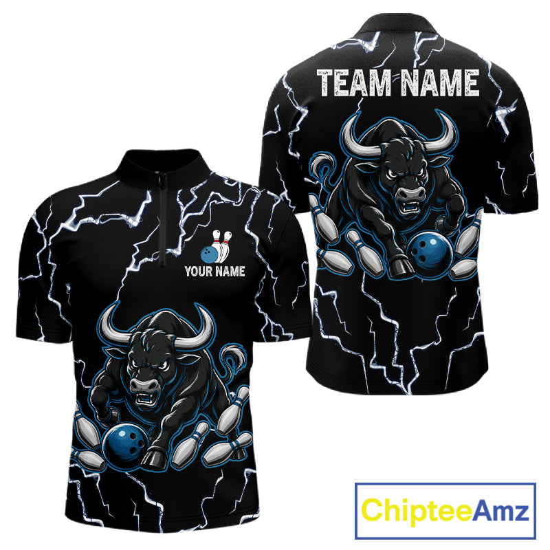 Blue bull lightning bowling quarter zip shirt for men built for tournaments and league play.