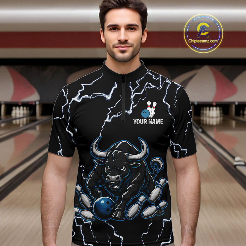 Man wearing a blue bull lightning bowling quarter zip jersey during tournament competition front view.