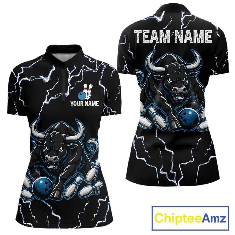 Blue bull lightning bowling quarter zip shirt for women built for tournaments and league play.