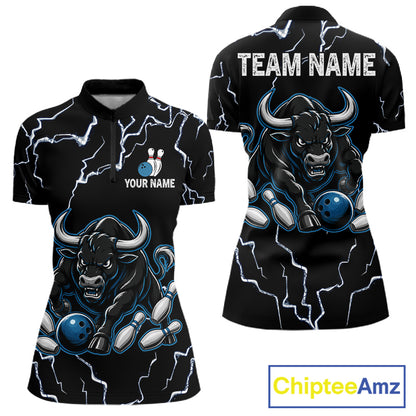 Blue bull lightning bowling quarter zip shirt for women built for tournaments and league play.