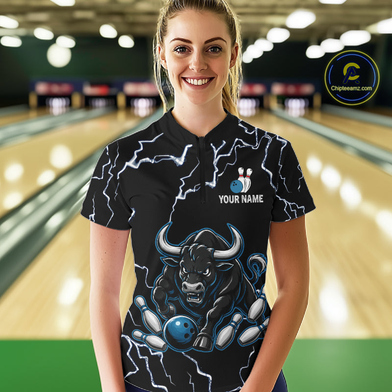 Woman wearing a blue bull lightning bowling quarter zip jersey during tournament competition front view.