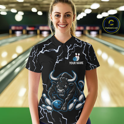 Woman wearing a blue bull lightning bowling quarter zip jersey during tournament competition front view.