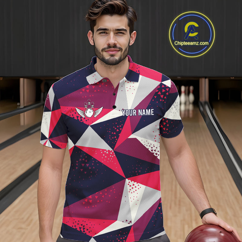 Man wearing a geometric bowling tournament polo shirt at a bowling alley front view.