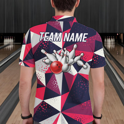Back view of man wearing a geometric bowling tournament polo shirt inside a bowling alley.