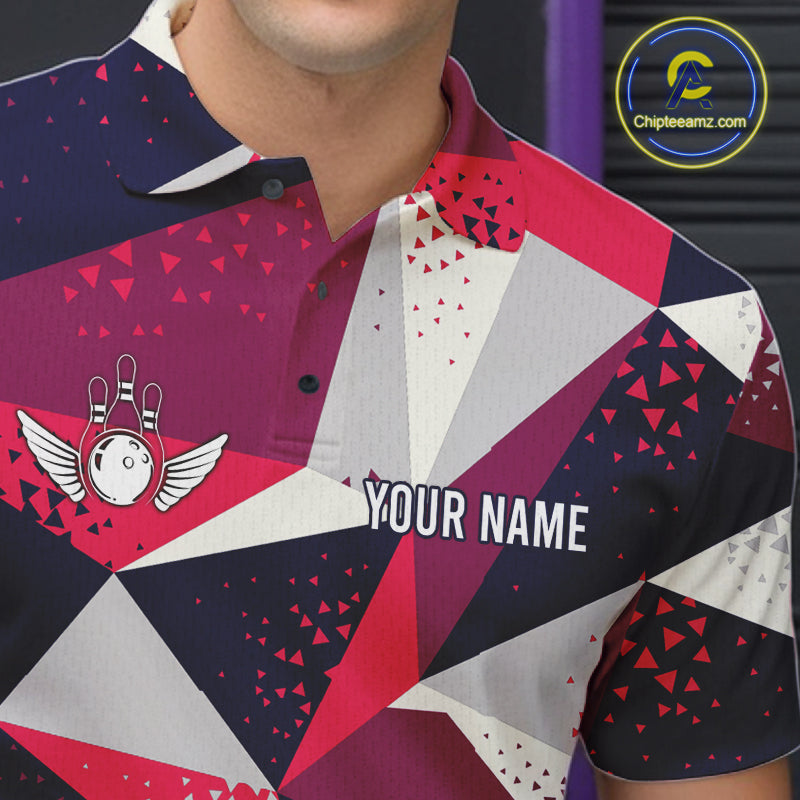 Close-up of a geometric bowling tournament polo shirt collar, buttons, and geometric artwork.