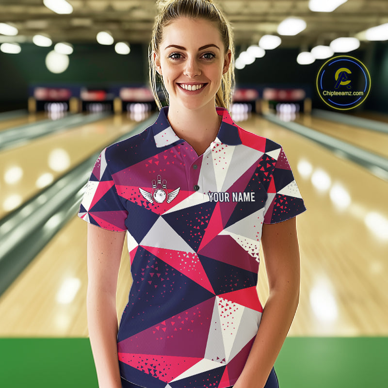 Woman wearing a geometric bowling tournament polo shirt at a bowling alley front view.