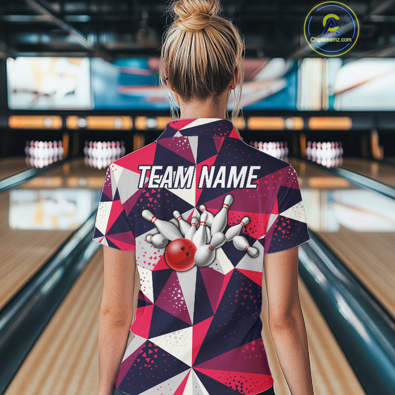Back view of woman wearing a geometric bowling tournament polo shirt inside a bowling alley.