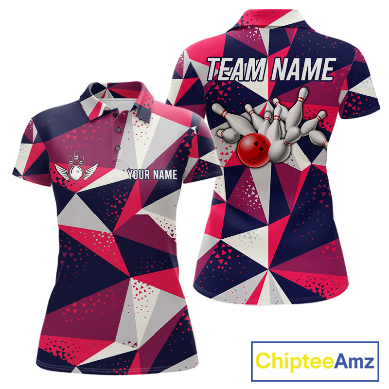 Geometric bowling tournament polo shirt for women with custom bowling league graphics.
