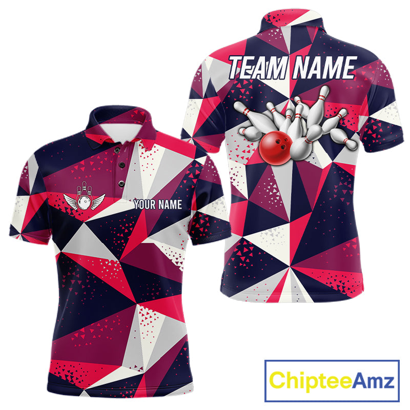 Geometric bowling tournament polo shirt for men with custom bowling league graphics.