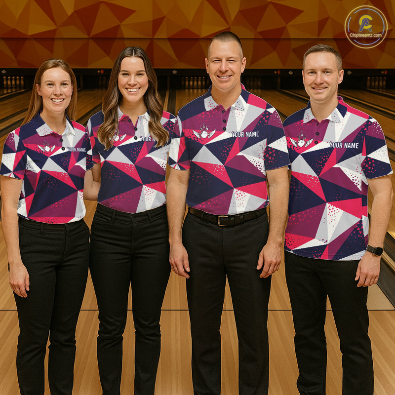 Bowling team wearing matching geometric bowling tournament jerseys during tournament matches front view.
