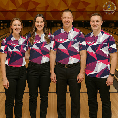 Bowling team wearing matching geometric bowling tournament jerseys during tournament matches front view.