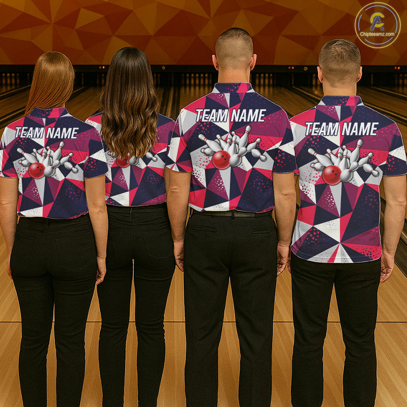 Back view of bowling team wearing matching geometric bowling shirts in a bowling alley.