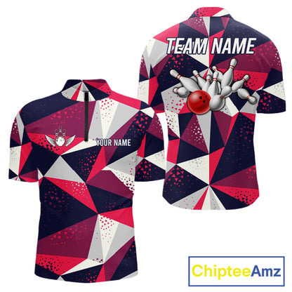 Geometric bowling tournament quarter zip shirt for men designed for league tournaments and team events.