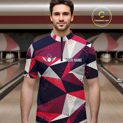 Man wearing a geometric bowling tournament quarter zip jersey during league competition front view.