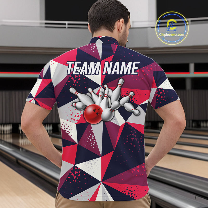 Back view of man wearing a geometric bowling tournament quarter zip shirt in a bowling alley.