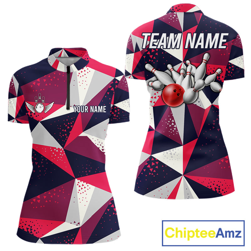 Geometric bowling tournament quarter zip shirt for women designed for league tournaments and team events.