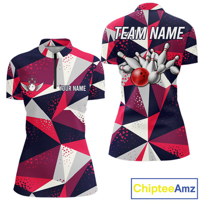 Geometric bowling tournament quarter zip shirt for women designed for league tournaments and team events.