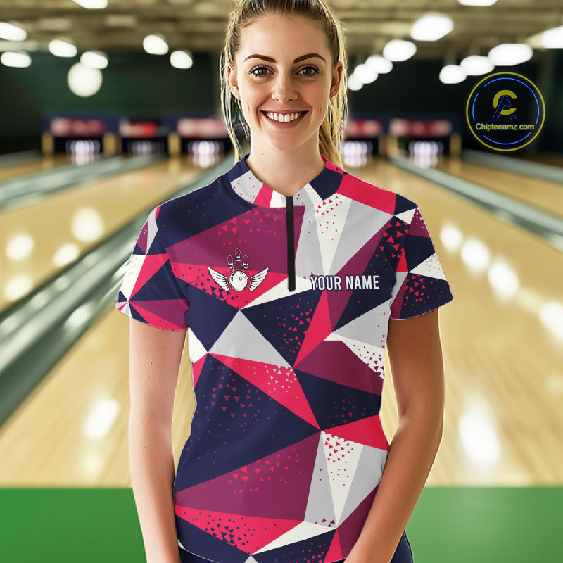 Woman wearing a geometric bowling tournament quarter zip jersey during league competition front view.