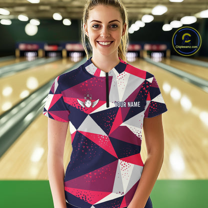 Woman wearing a geometric bowling tournament quarter zip jersey during league competition front view.