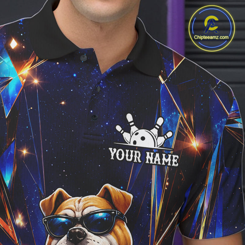 Close-up of the personalized funny crystal bulldog bowling team jersey polo shirt showing the collar, buttons, premium performance fabric and detailed crystal bulldog graphics.
