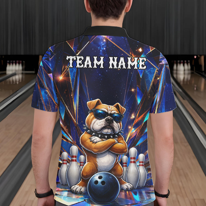 Man wearing personalized funny crystal bulldog bowling team jersey polo shirt featuring crystal bulldog artwork, back view.
