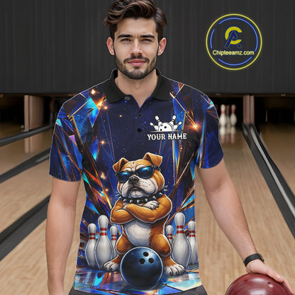 Man wearing personalized funny crystal bulldog bowling team jersey polo shirt featuring crystal bulldog artwork, front view.