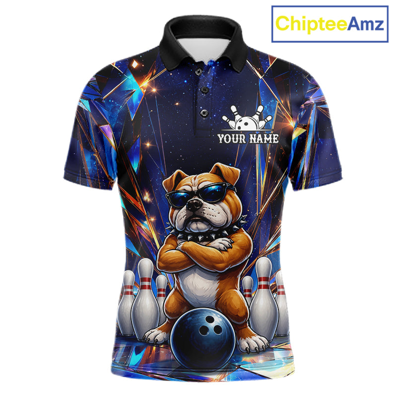 Personalized funny crystal bulldog bowling team jersey polo shirt for men featuring a colorful crystal bulldog design, premium custom bowling league apparel for tournaments and competitive bowling teams.